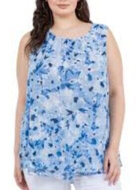 New Cristina B. Sleeveless Blue Floral Chiffon Blouse Lightweight Top XL